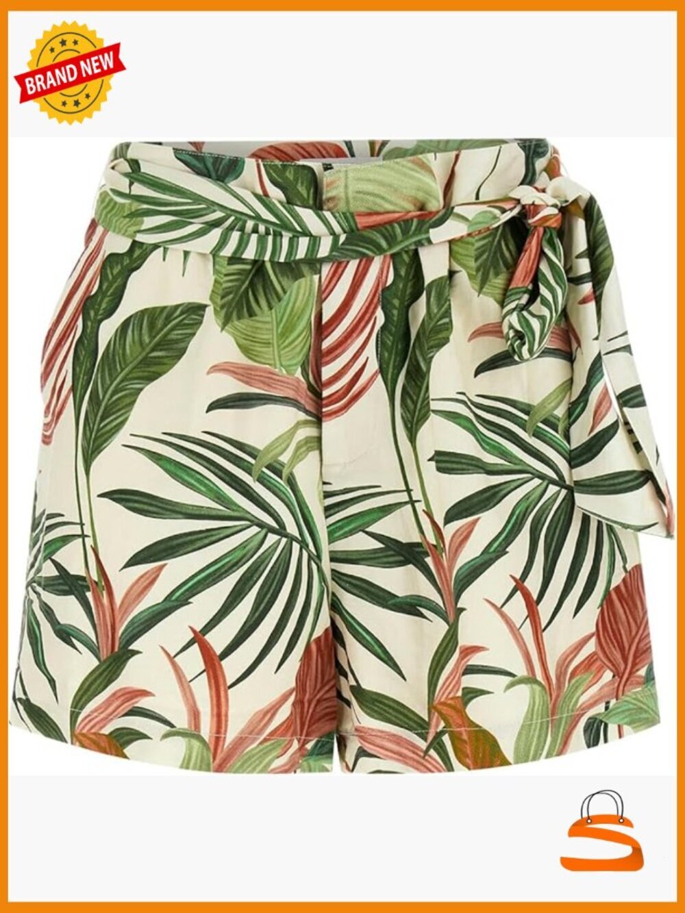 High-rise belted linen blend shorts with tropical print, pleated front
